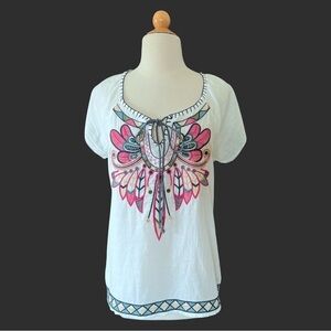 Forever 21 Boho Embroidered Peasant Top White Short Sleeve Festival Blouse Small